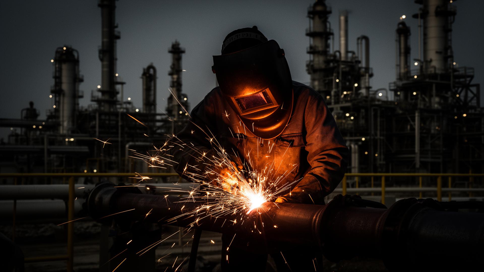 Pipe welder mid-arc at a Gulf Coast refinery
